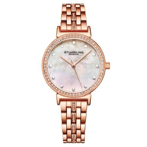 Stuhrling 3988 3 Symphony Crystal Accented Mother of Pearl Womens Watch - Dial: Silver, Band: Rose Gold