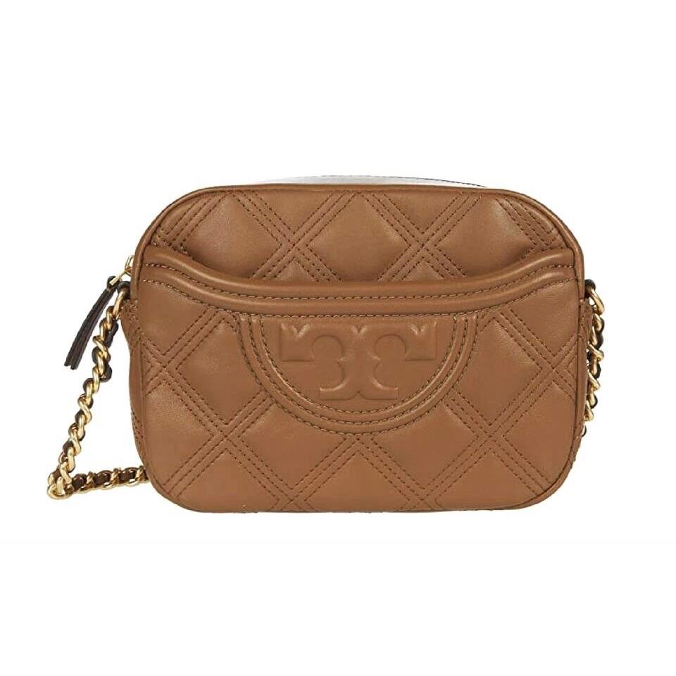 Tory Burch Fleming Quilted Leather Camera Bag Crossbody Moose Brown Authentc