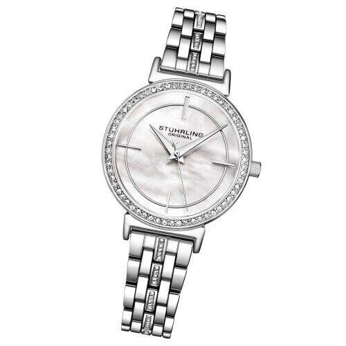 Stuhrling 3987 1 Symphony Quartz Crystal Accented Stainless Steel Womens Watch - Dial: Silver, Band: Silver
