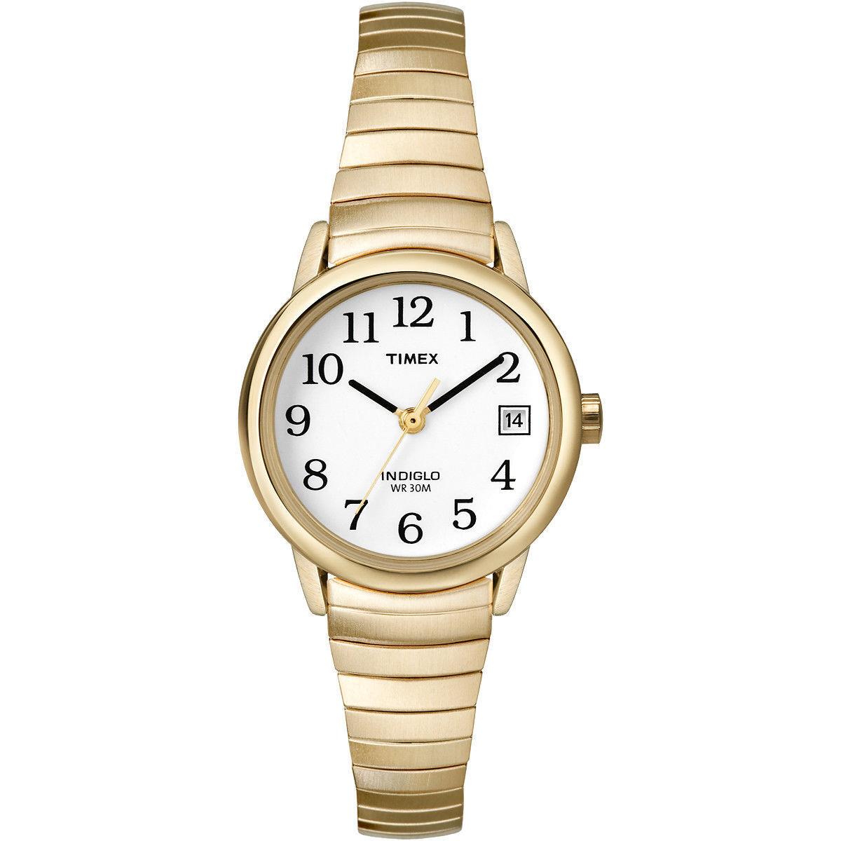 Timex T2H351 Easy Reader Women`s Goldtone Expansion Indiglo Date - Dial: White, Band: Yellow Gold