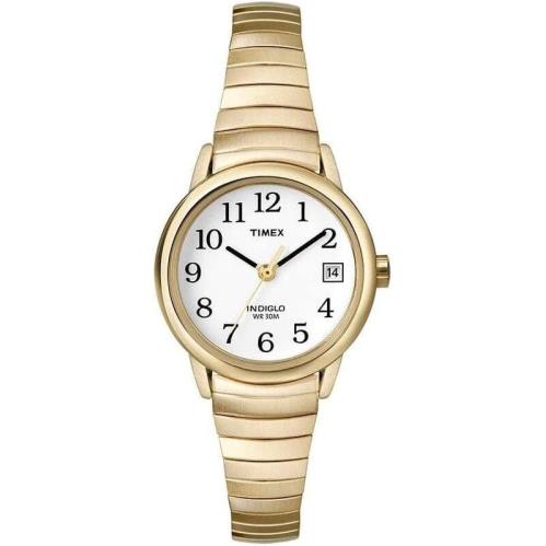 Timex T2H351 Easy Reader Women`s Gold Tone White Expansion Indiglo Date - Dial: White, Band: Yellow Gold, Bezel: White