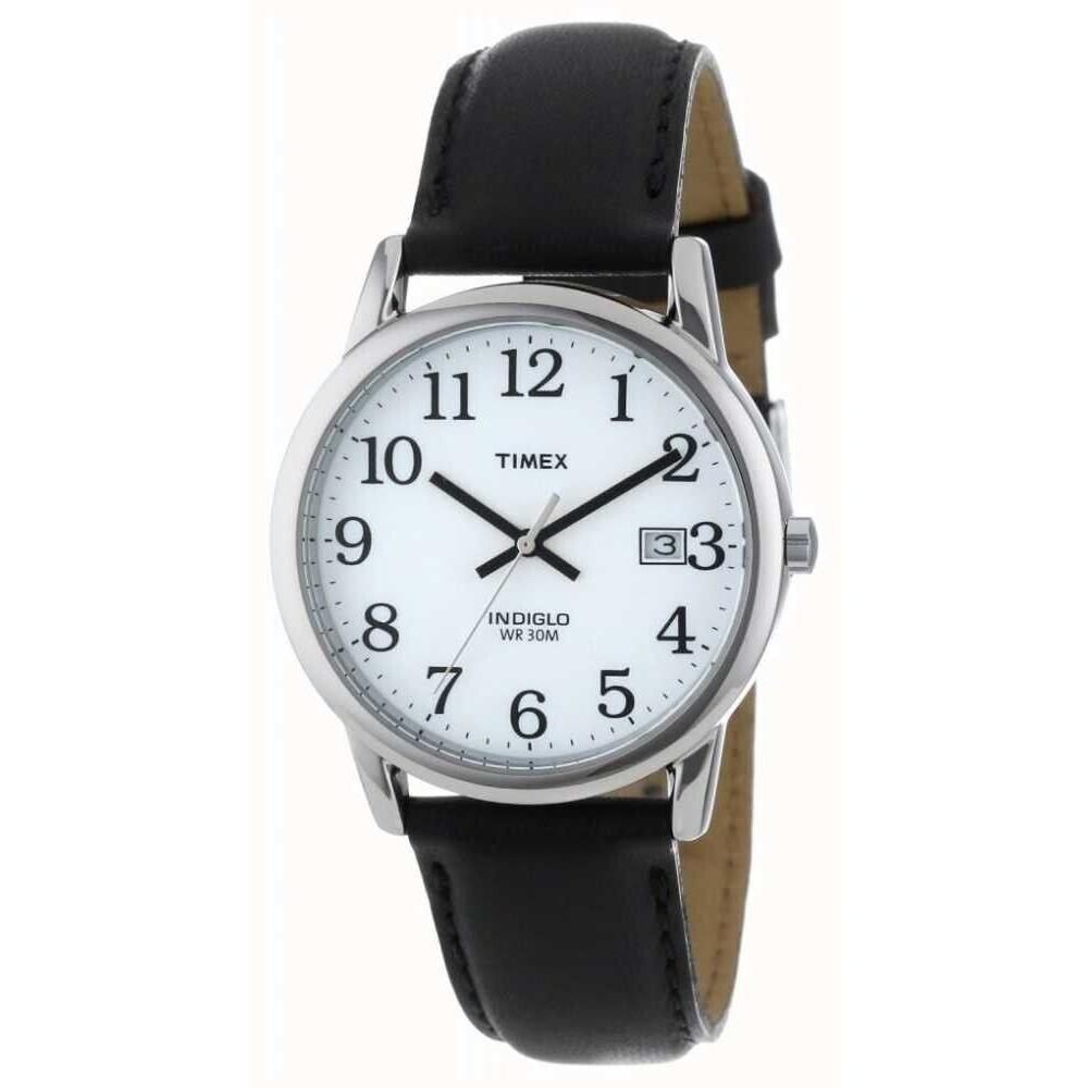 Timex T2H281 Men`s Easy Reader Silver Tone Leather Band White Dial Watch