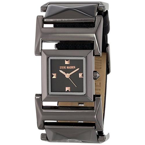 Steve Madden Women`s Black Leather and Pyramid Link Strap Watch 2388