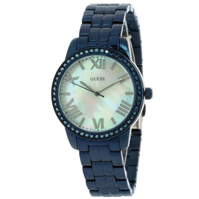 Guess Women`s Blue Tone Mother-of-pearl Dial Crystal Glits Watch