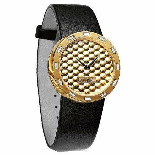 Just Cavalli Analog Golden Dial Women`s Watch - R725111551 - Black Leather Band