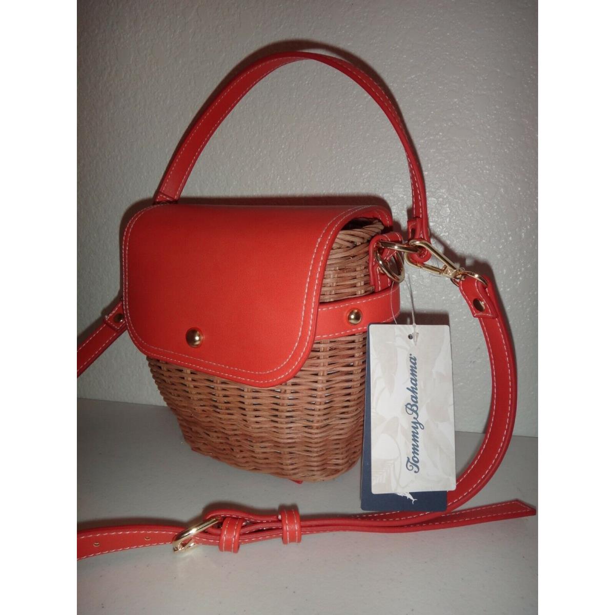 Tommy Bahama Small Flap Picnic Basket Cross-body Straw Bag Coral Leather Studs