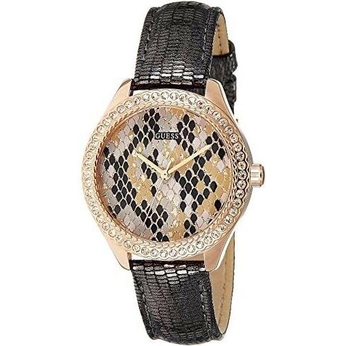 Guess Leather Reptile Print Women`s Watch Crystals Gemmed Rose Gold Grey W0626L2