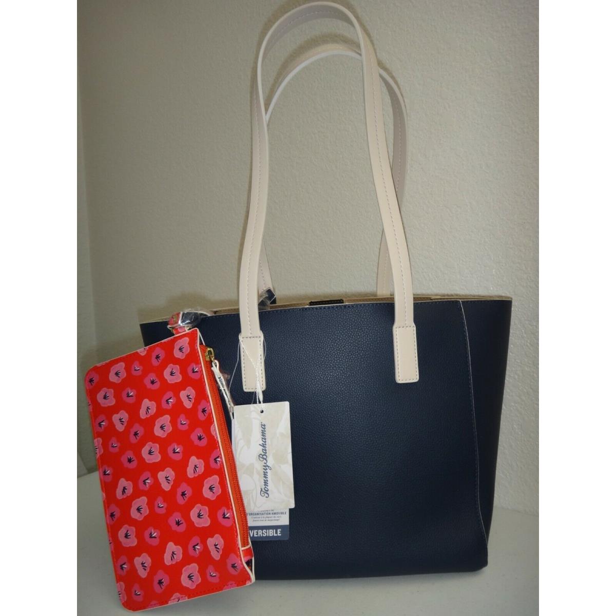 Tommy Bahama 3-PC Set Reversible Tote Bag + Pouch + Wristlet Navy Blue Ivory Red