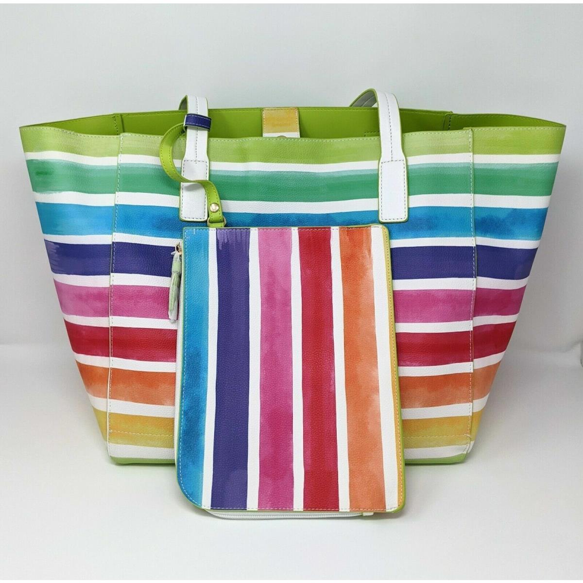 Tommy Bahama 2-PC Set Rainbow Stripes LG Reversible Tote Bag Organizer Pouch