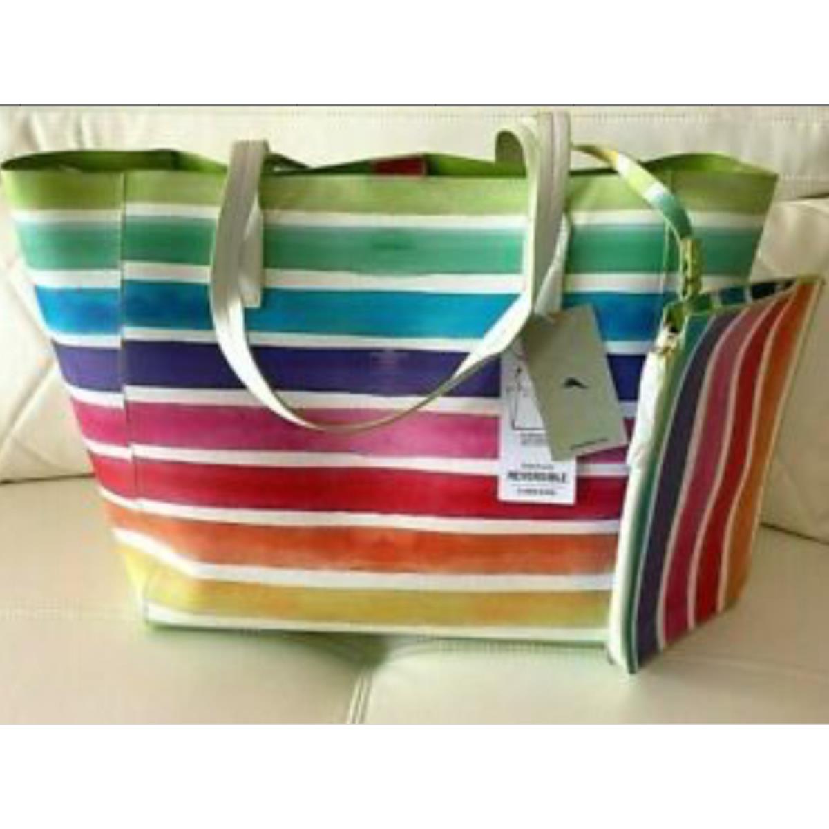 Tommy Bahama 2-PC Set Rainbow Stripes LG Reversible Tote Bag Organizer Pouch