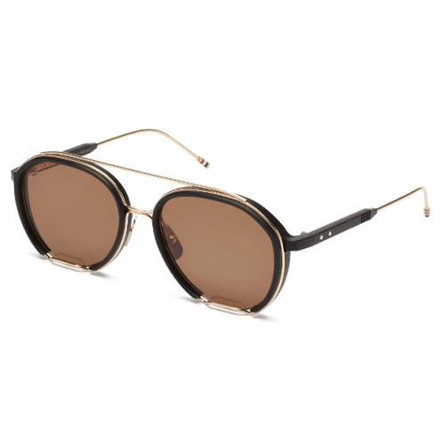 Thom Browne Aviator Sunglasses TBS810-56-01 Black Gold Frame Brown Lens