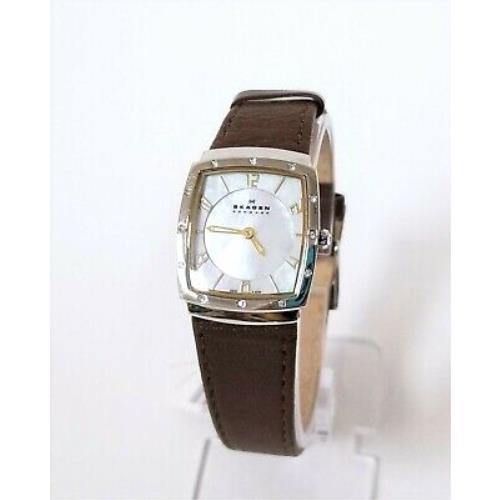 Skagen S/steel Case Brown Leather Band Mop+crystal Dial Watch O396XSSLDG