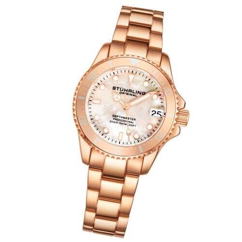 Stuhrling 3950L 5 Mother of Pearl Date Rose Tone Stainless Steel Womens Watch