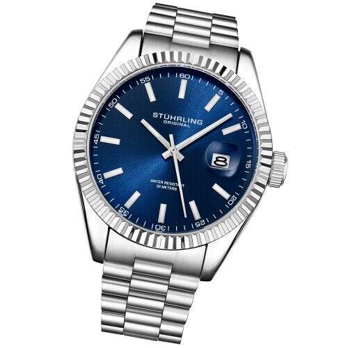 Stuhrling 3935 2 Symphony Quartz Date Blue Dial Stainless Steel Mens Watch