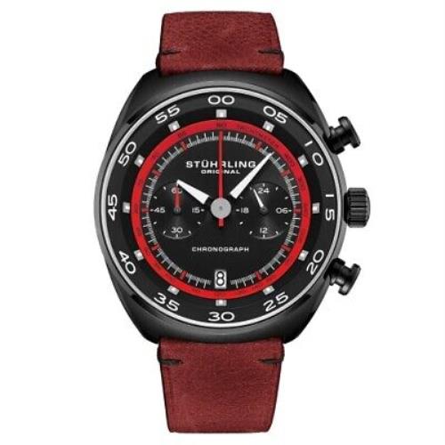 Stuhrling 1000 06 Quartz Chronograph Tachymeter Red Leather Strap Mens Watch