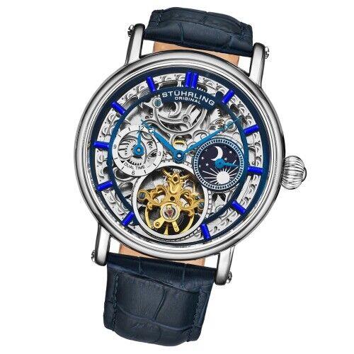 Stuhrling 4000 1 Legacy Automatic Dual Time Skeleton Am/pm Leather Mens Watch - Dial: Blue, Silver, Band: Blue