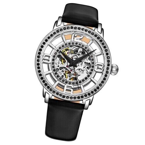 Stuhrling 777 04 Winchester Automatic Skeleton Black Leather Strap Womens Watch - Dial: Silver, Band: Black