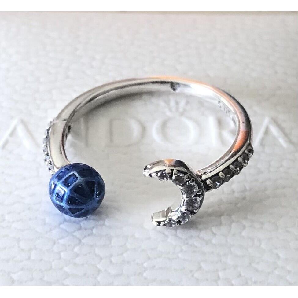 Pandora Blue Earth and Moon Open Ring 199238C01 +hinged Box+polish Cloth Size