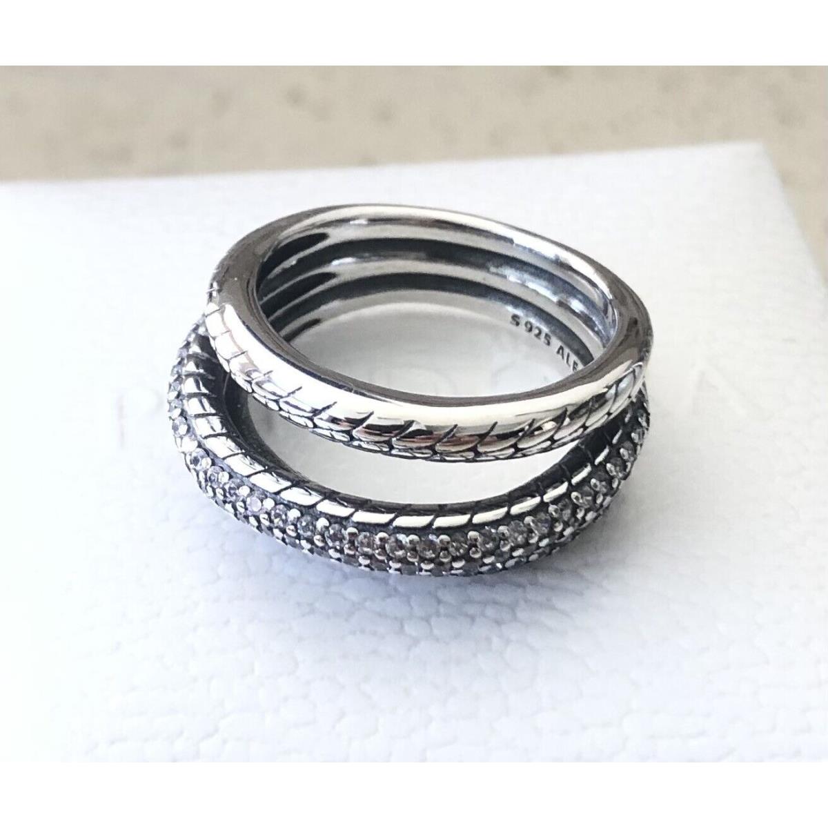 Pandora Triple Band Pav Snake Chain Pattern Ring 199083C01+BOX +polish Cloth