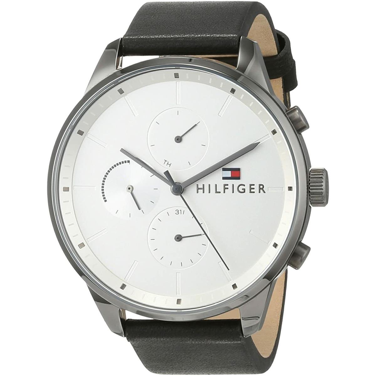 Tommy Hilfiger 1791489 Gray Tone White Dial Black Leather Band Mens Casual Watch