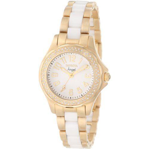 Invicta 1780 Women`s Angel Diamond Accented Stainless Ceramic Bracelet Watch - White Dial, Gold Band, Gold Bezel