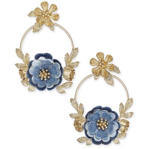 Kate Spade Flower Child Door Knocker Hoop Earrings Gold/denim Blue D66