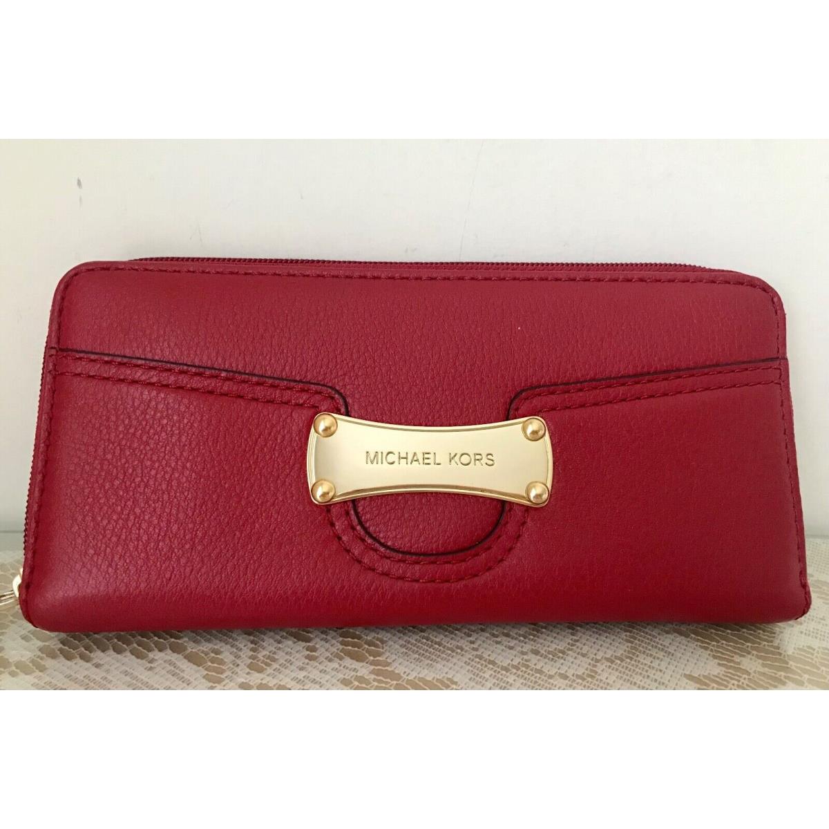 Michael Kors Leather Saratoga Zip Continental Wallet Red Navy Luggage Scarlet