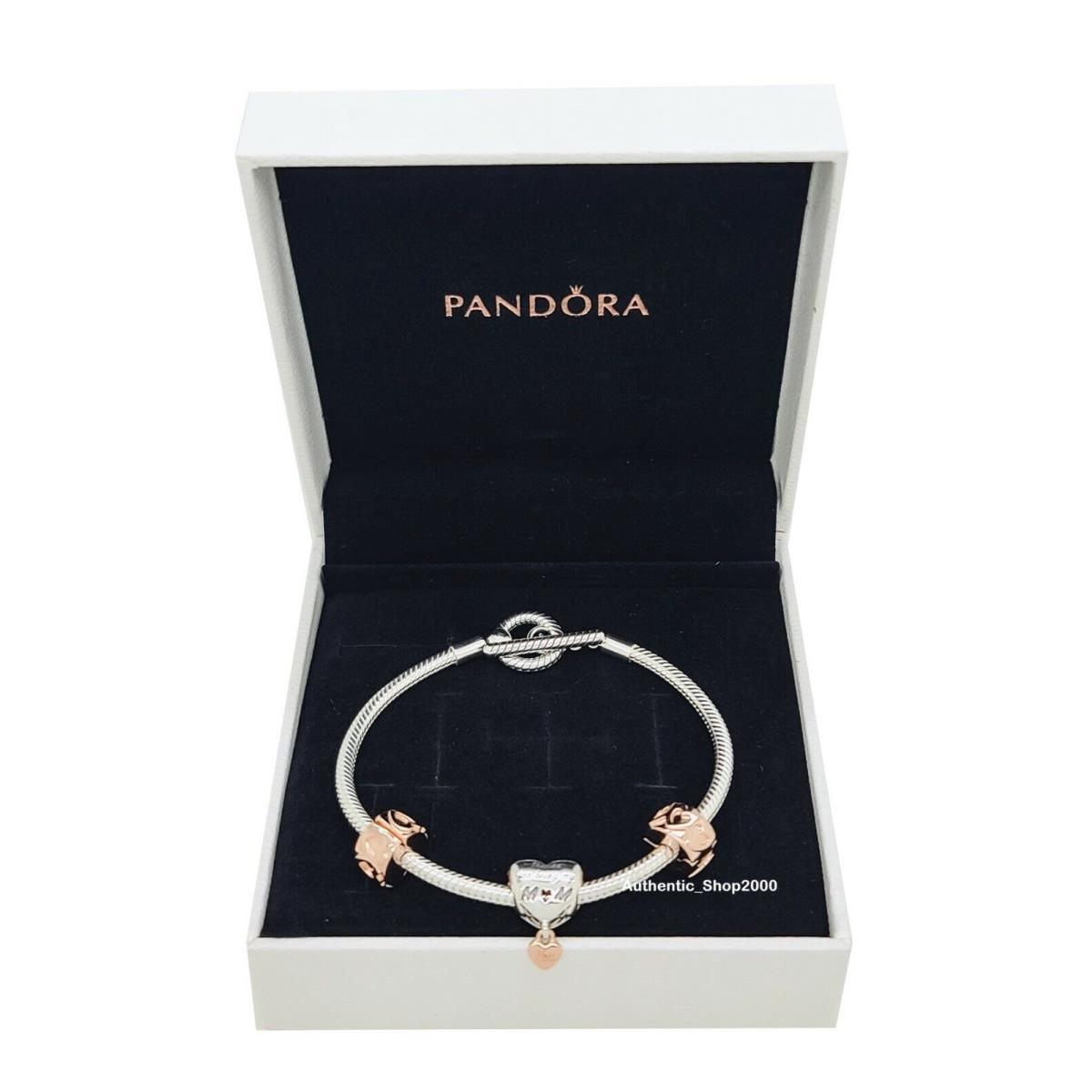Pandora Mother`s Day Mom`s Love T Bar Bracelet + 3 Charms Gift Set