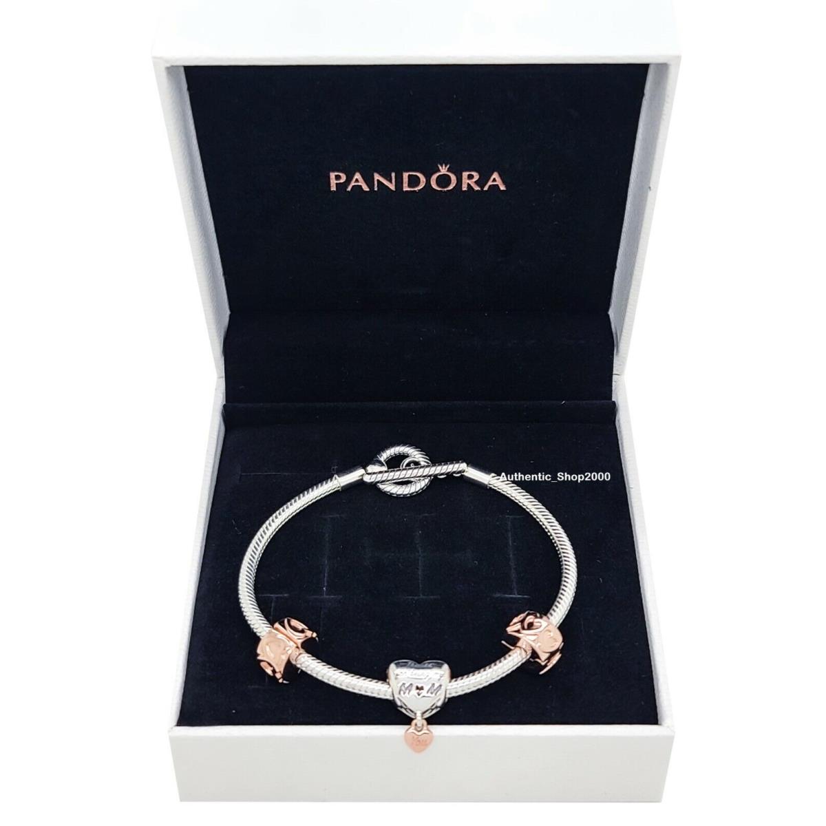 Pandora Mother`s Day Mom`s Love T Bar Bracelet + 3 Charms Gift Set Silver + Pandora Rose