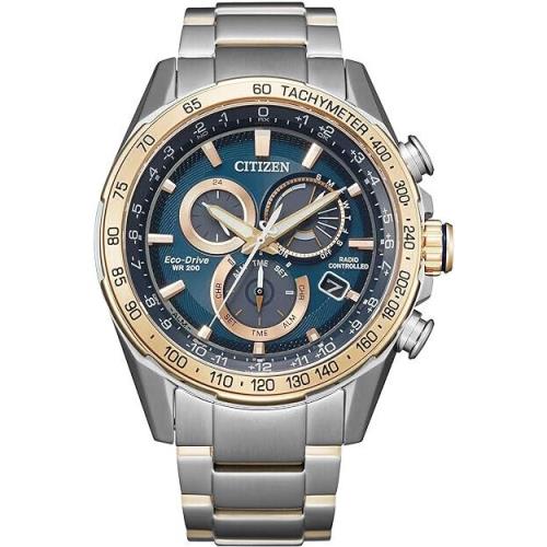 Citizen Eco-drive Pcat Men`s Radio Controlled Chronograph 43mm Watch CB5916-59L - Dial: Blue, Band: Silver, Bezel: Gold