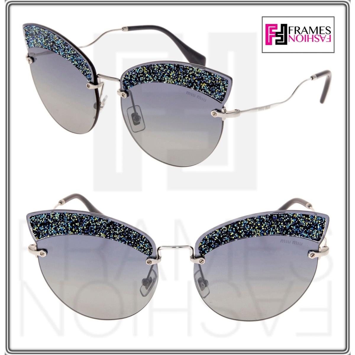 Miu Miu 58T Glitter Fabric MU58TS Rimless Blue Silver Crystal Sunglasses Women