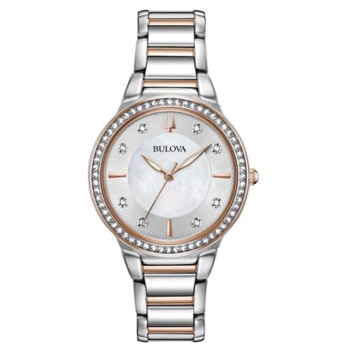 Bulova Women`s Two-tone Stainless Steel Crystal Accent Watch - 98L258 - Mother of Pearl Dial, Multicolor Band