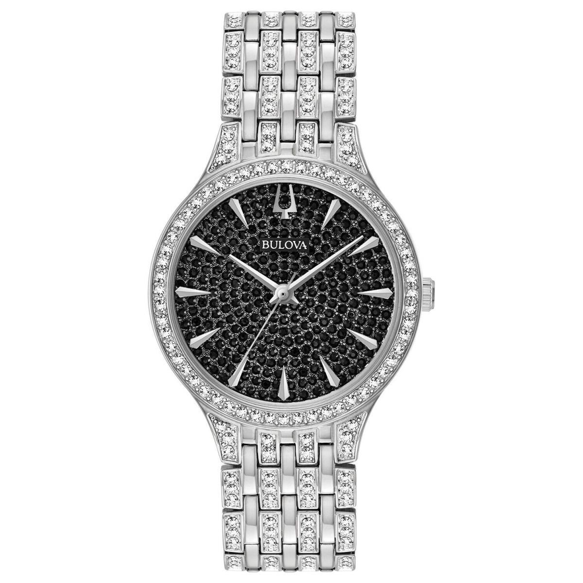 Bulova Phantom Women`s Quartz Crystal Accent Silver Watch 32MM 96L273 - Dial: Black, Band: Silver, Bezel: Silver