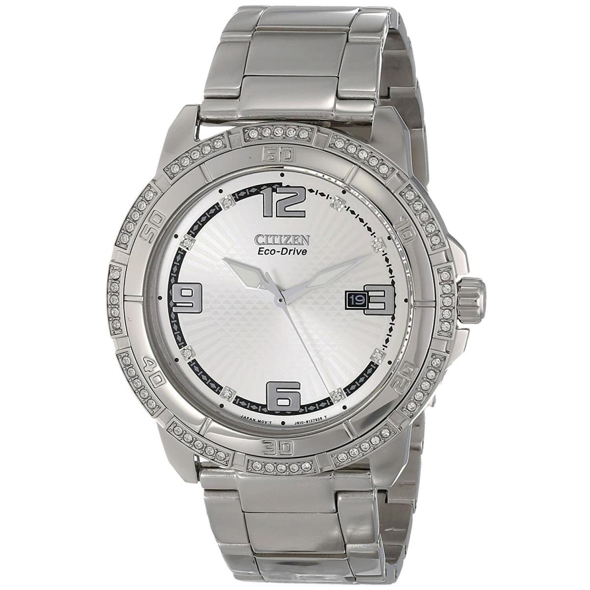 Citizen Eco-drive Stainless Steel Crystal Dial Surround Men s Watch AW1340-52A - Dial: Silver, Band: Silver