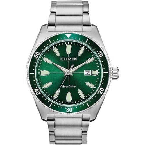 Citizen AW1598-70X Brycen Eco-drive Green Date Indicator Dial Silver Mens Watch - Dial: Green, Band: Silver, Bezel: Green