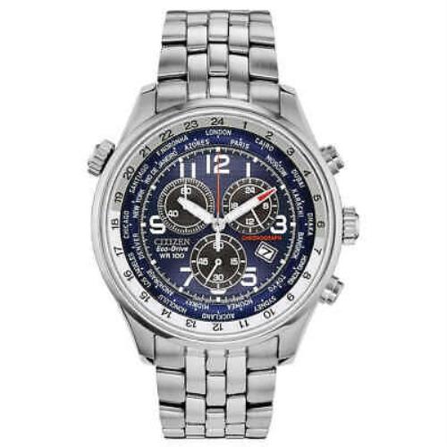 Citizen AT0361-57L Brycen World Time Chronograph Eco-drive Men`s Watch - Blue Dial, Silver Band