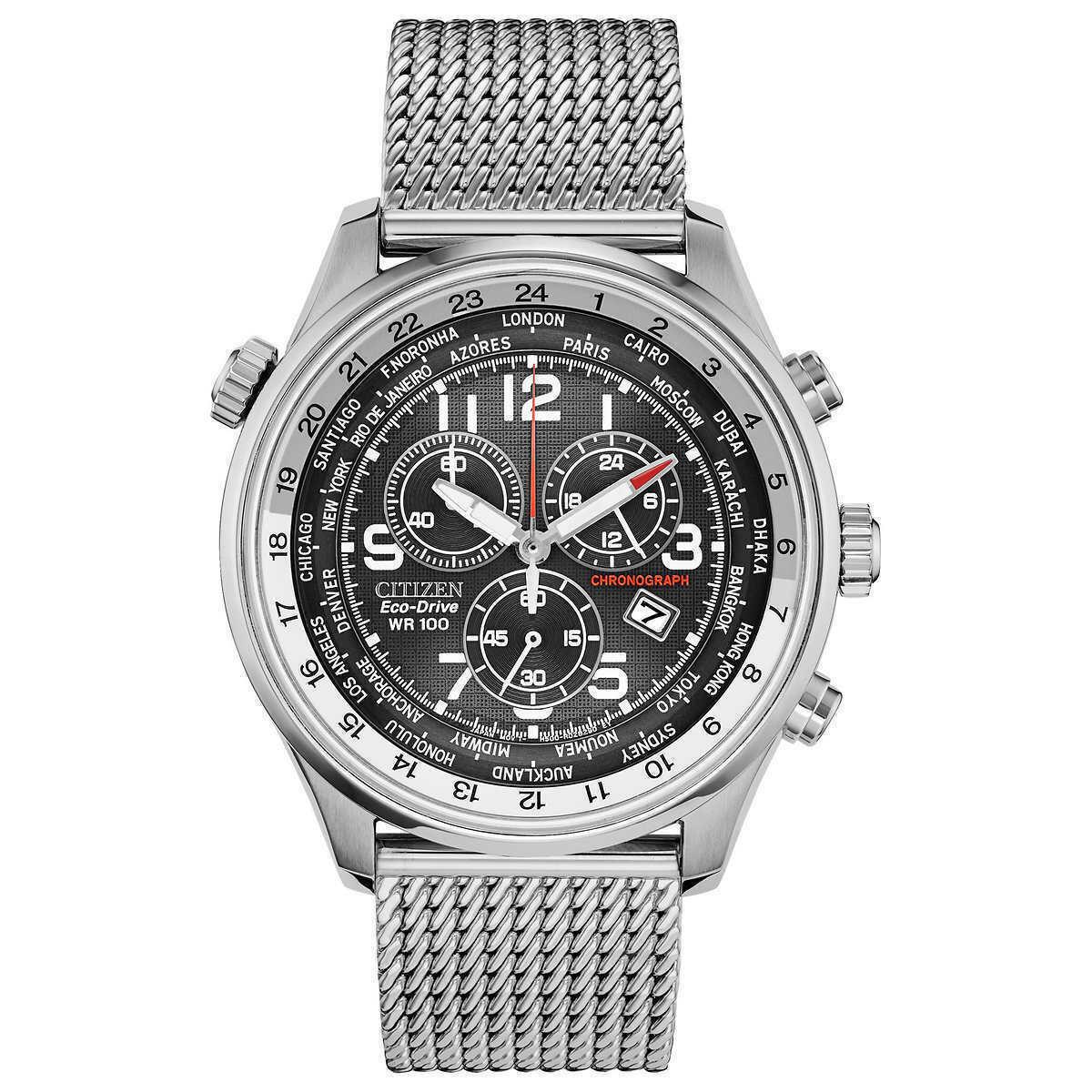 Citizen AT0361-81E Eco-drive Chronograph Stainless Mesh Band Mens Watch