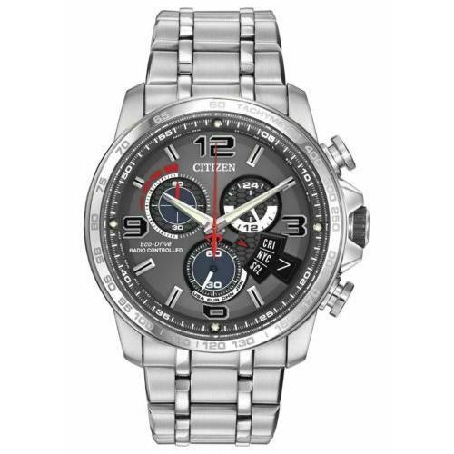 Citizen BY0100-51H Radio Control World Time Chrono Time A-t Men`s Watch - Dial: Grey, Band: Silver