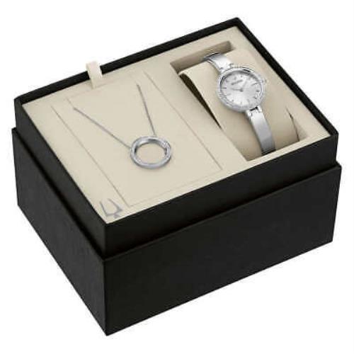 Bulova 96X154 Swarovski Crystal Watch Crystal Halo Pendant Set Great Gift - Silver Dial, Silver Band