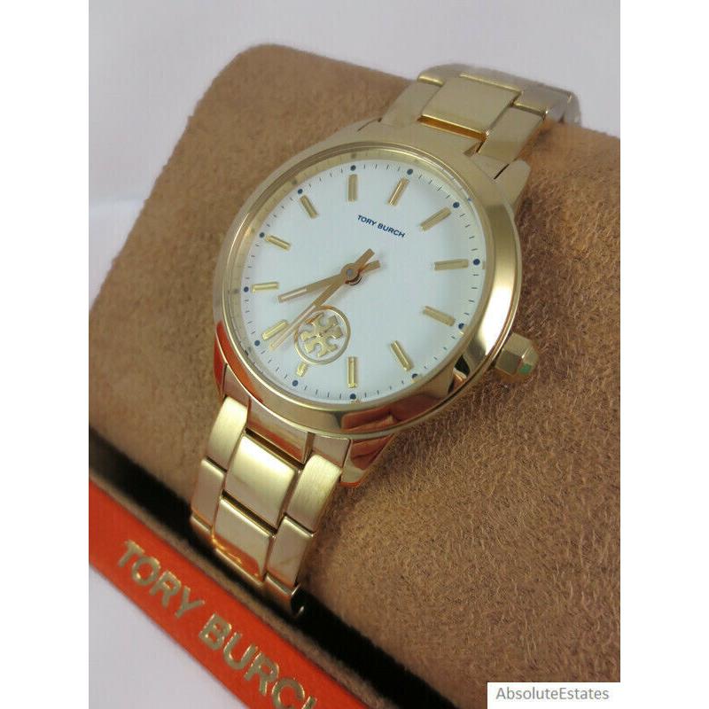 Tory Burch Yellow Gold Collins White Dial Watch TBW1300 Logo