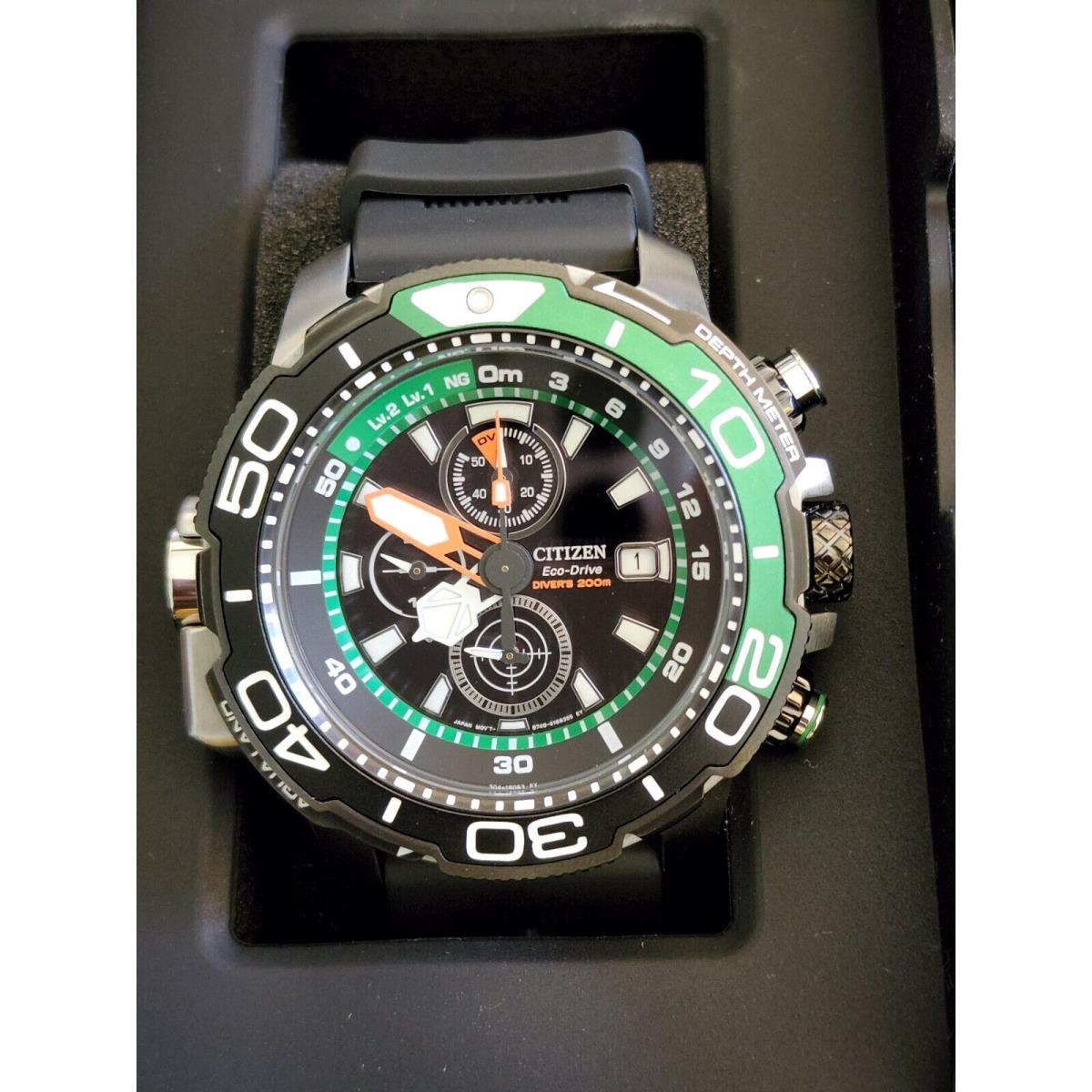 Citizen Promaster Aqualand Green Dive Watch BJ2168-01E - Dial: Black, Band: Silver, Black, Bezel: Black, Green