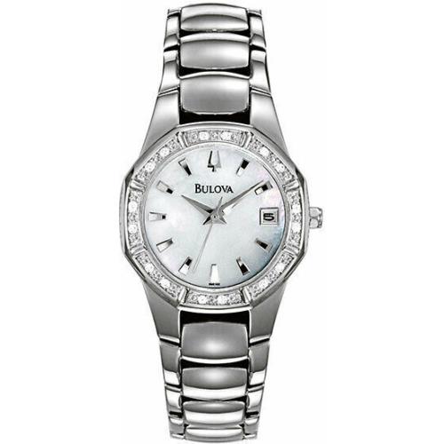 Bulova 96R102 Ladies Dress Watch S/s 16 Real Diamonds Bezel Pearl Dial Date