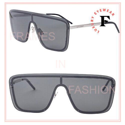 Saint Laurent Mask Ysl SL364 001 Black Silver Unisex Shield Sunglasses 364 - 001 , Silver Frame, Gray Lens