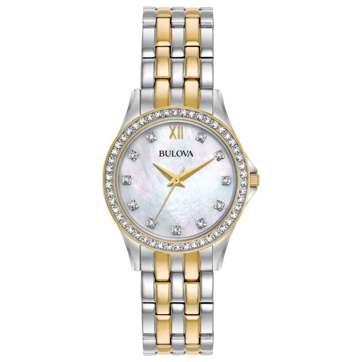 Bulova Women`s Crystal Quartz Silver Gold Stainless Steel Watch 28 MM 98X113