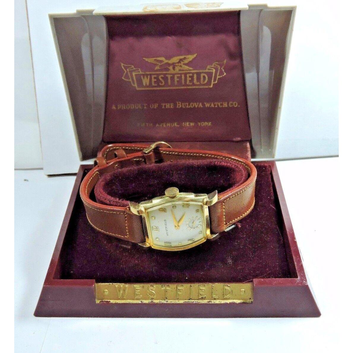 Nos Bulova Westfield Mens Wrist Watch Yellow Top SS Back Leather Strap Old Box