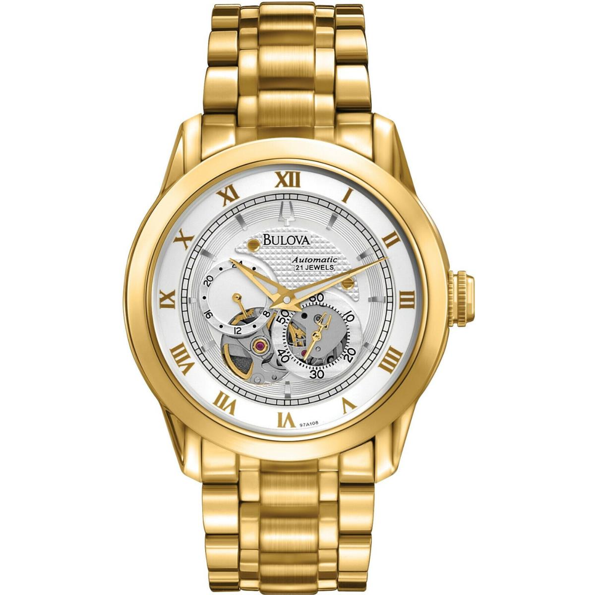Bulova 97A108 Skeleton Dial Automatic 21 Jewels Gold Tone Men`s Watch