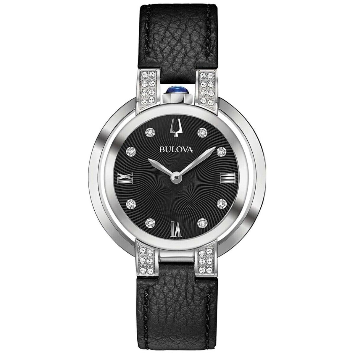 Bulova Women`s Watch - 96R217 Rubaiyat Quartz Diamond Accents Leather Band 35mm - Dial: Black, Band: Black
