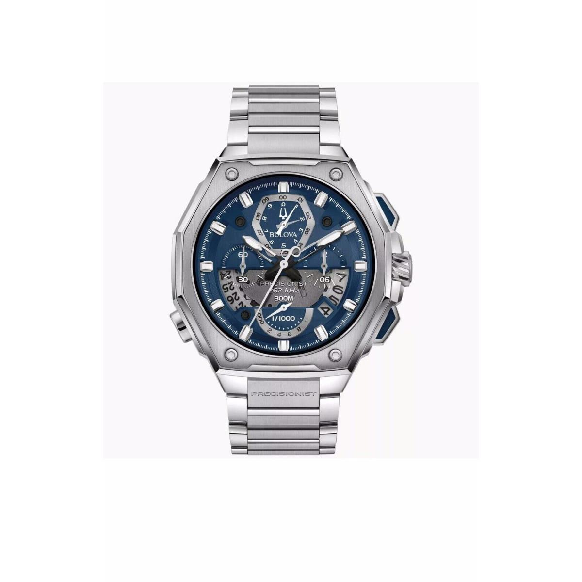 Bulova Precisionist 96B349 Chronograph Quartz Blue Dial Men`s Watch - Dial: Blue, Band: Silver