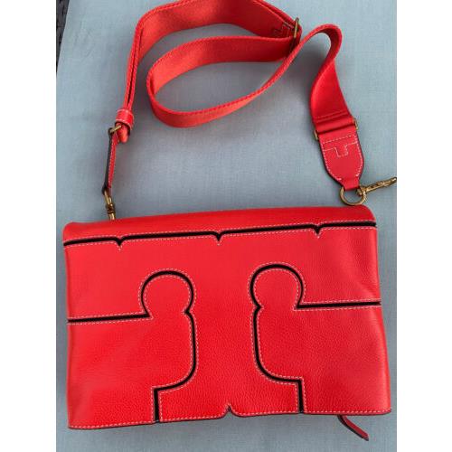 Tory Burch Serif Leather Convertible Red Samba T Logo Crossbody Clutch Bag