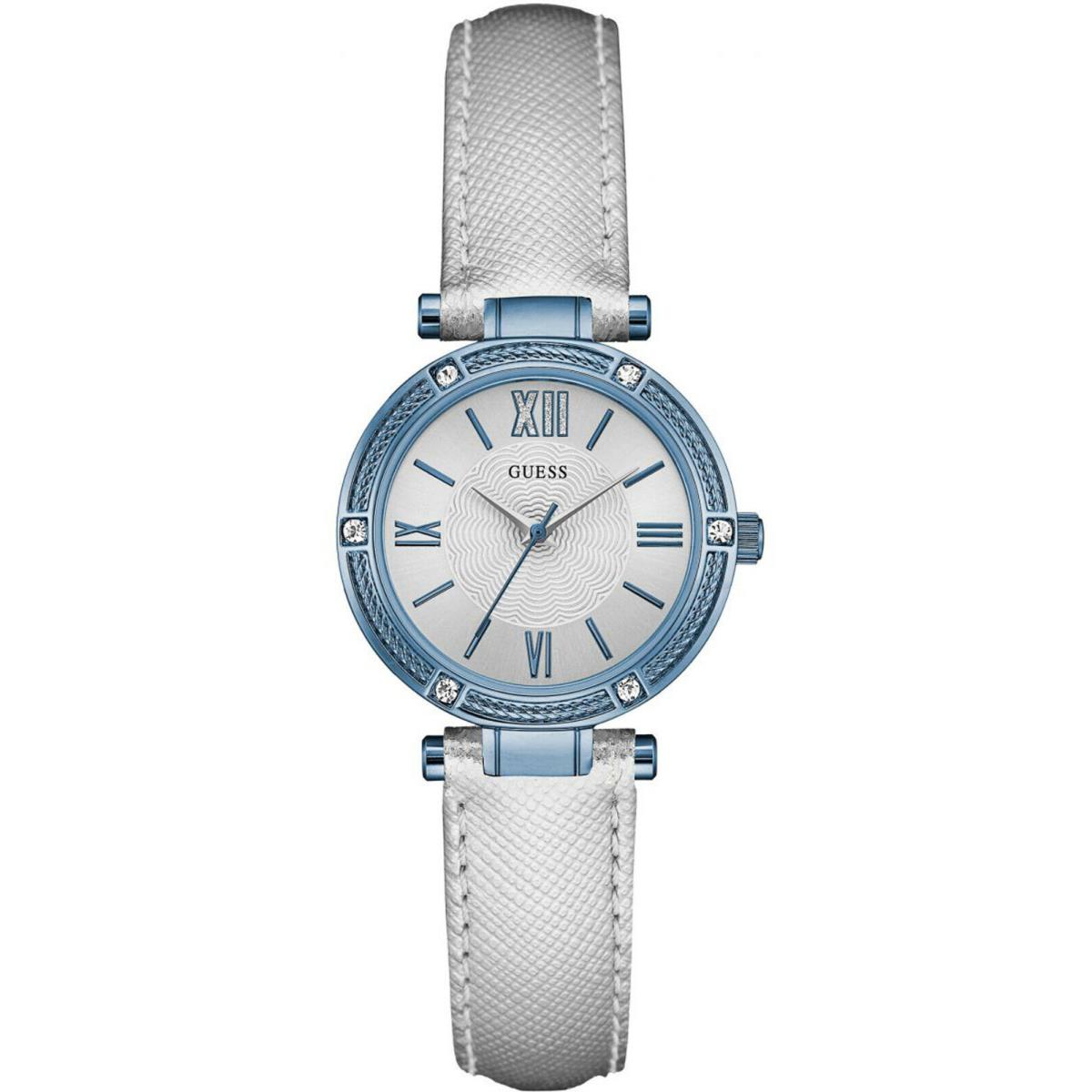 Guess W0838L3 Park Ave Iconic Silver Dial White Leather Strap Women`s Watch